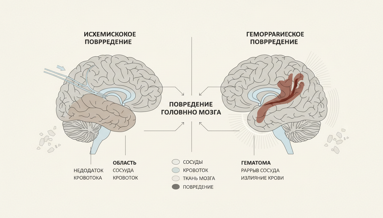 Сравнительная медицинская схема ишемического и геморрагического повреждения головного мозга, нейтральные тона